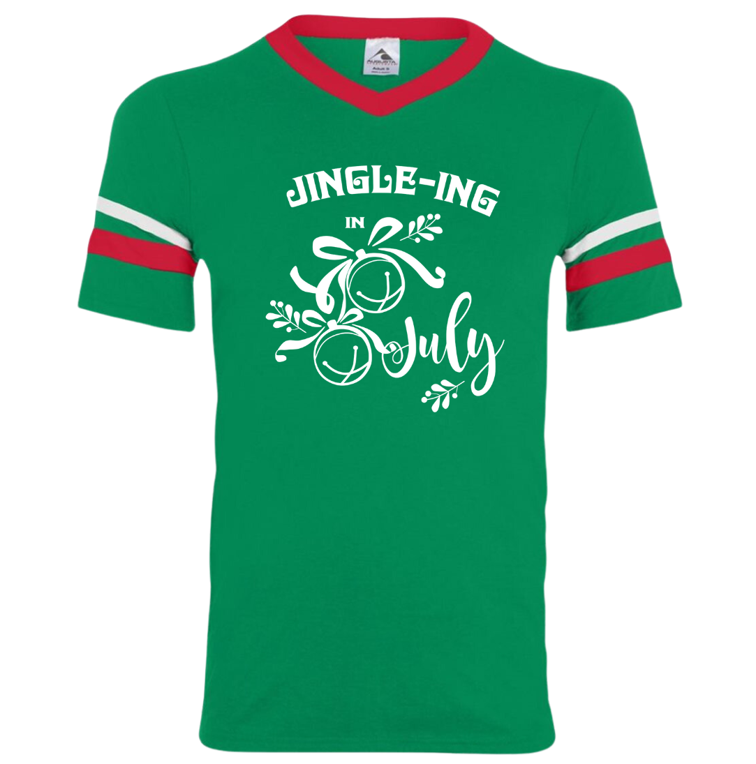 Jingle in July All-White Version Dressing Festive ringer T-shirt green