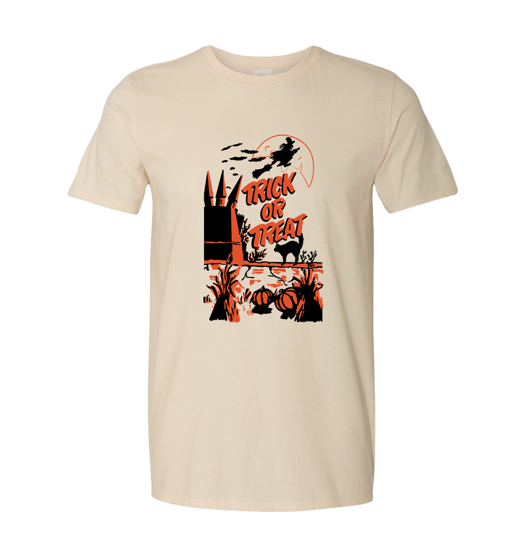 Vintage Trick or Treat Bag Flying Witch Dressing Festive natural T-shirt