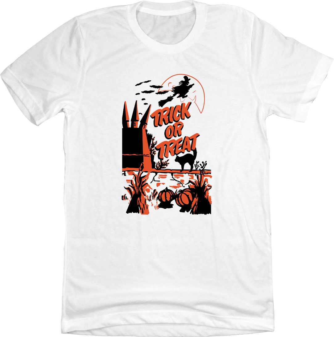 Vintage Trick or Treat Bag Flying Witch Dressing Festive white T-shirt