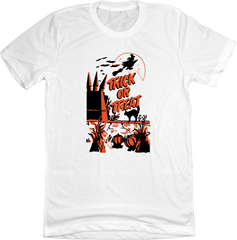 Vintage Trick or Treat Bag Flying Witch Dressing Festive white T-shirt