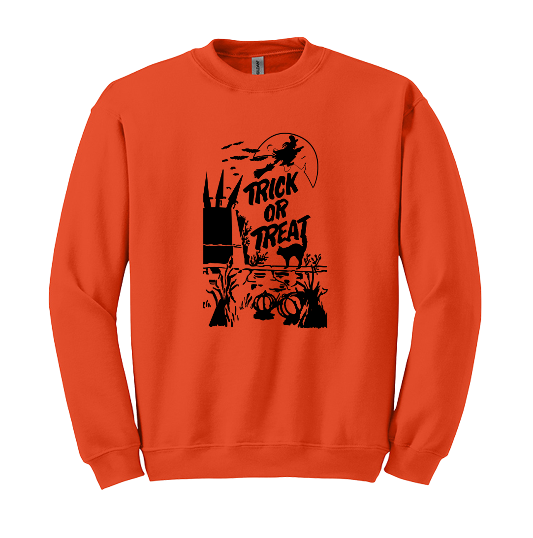 Vintage Trick or Treat Bag Flying Witch All Black Dressing Festive orange crew