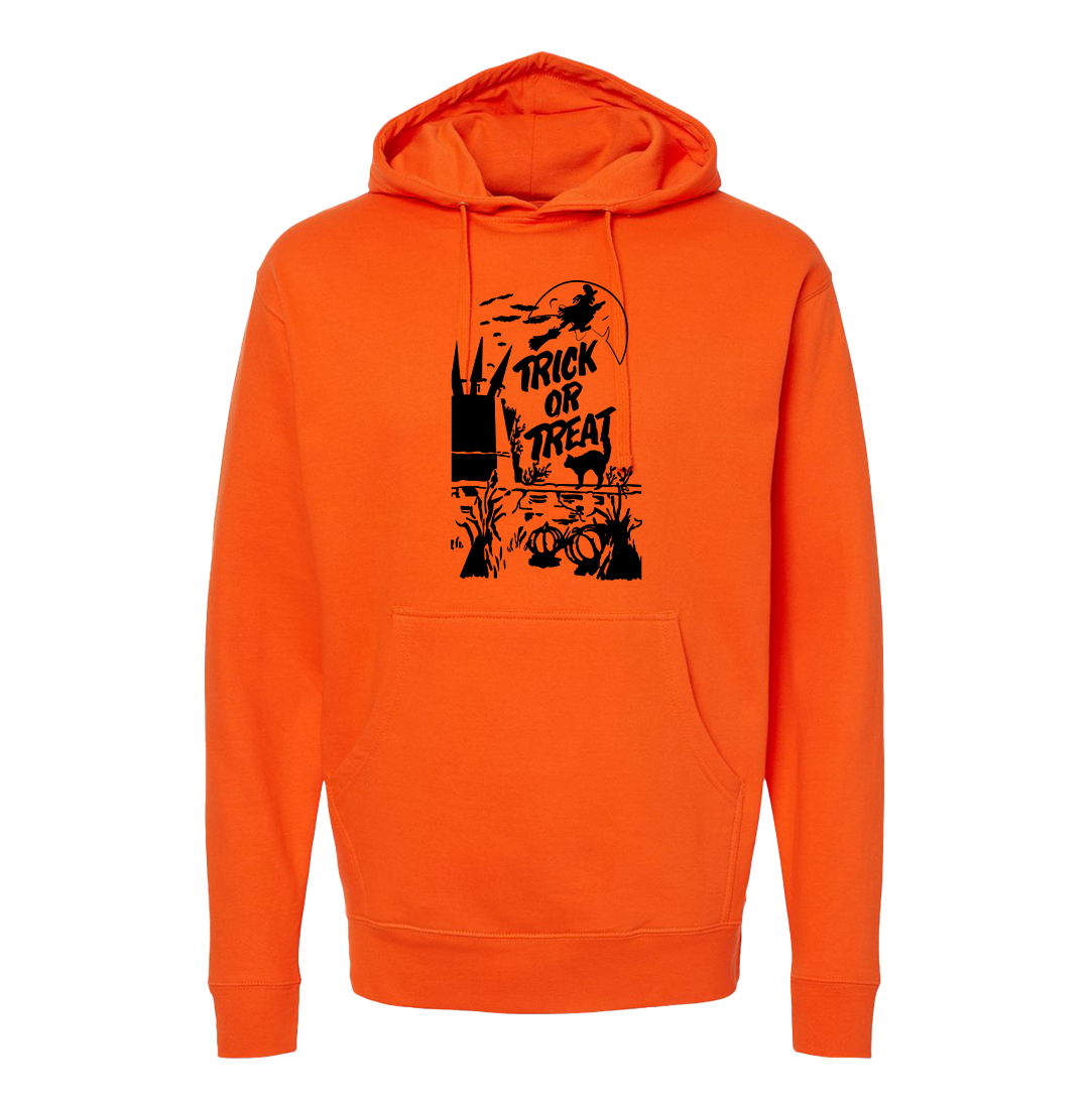 Vintage Trick or Treat Bag Flying Witch All Black Dressing Festive orange hoodie