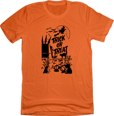 Vintage Trick or Treat Bag Flying Witch All Black Dressing Festive orange T-shirt