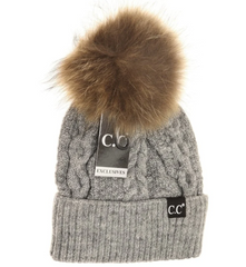 Light Grey Cable Pom Beanie