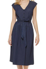 NWT Denim Tie Waist V-Neck Cap Sleeve Midi Dress As Seen On Hallmark - Size 16