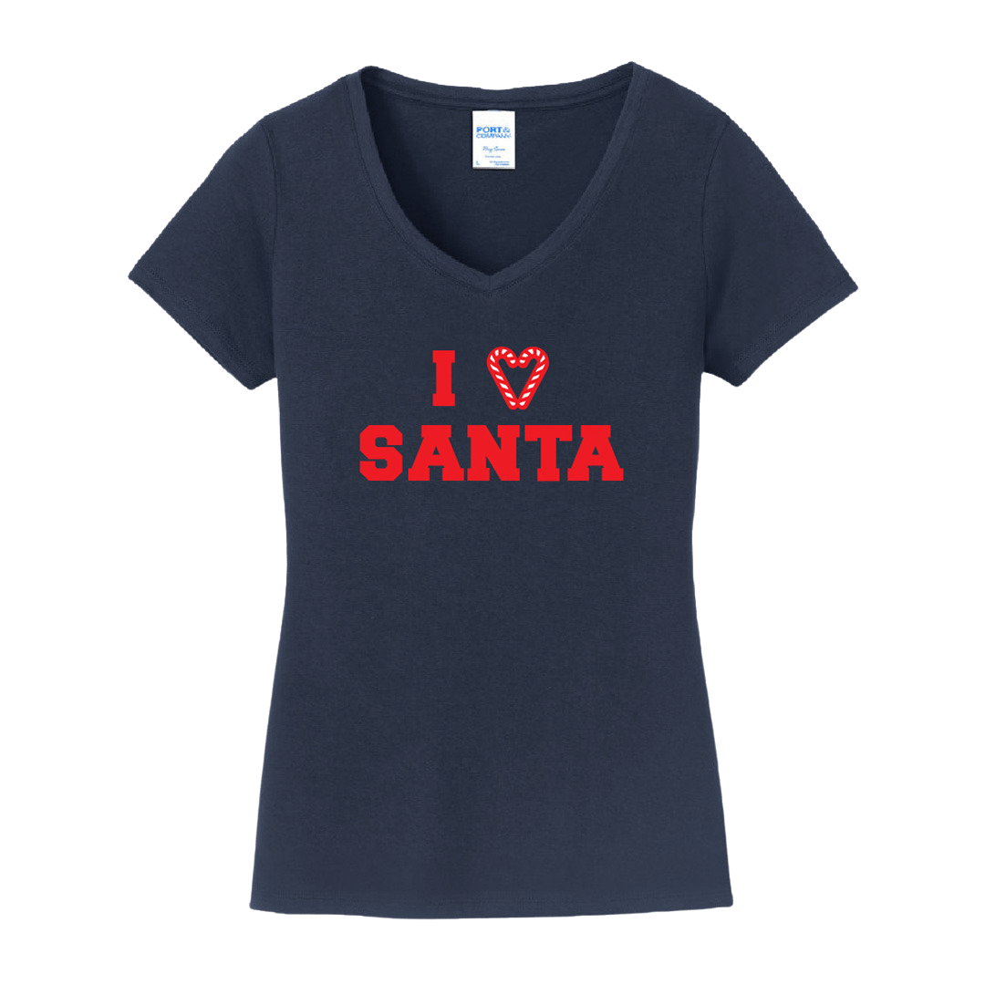 I Love Santa Candy Cane Heart Red Ink Dressing Festive navy V-neck