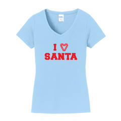 I Love Santa Candy Cane Heart Red Ink Dressing Festive light blue V-neck