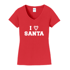 I Love Santa Candy Cane Heart White Ink Dressing Festive V-neck red