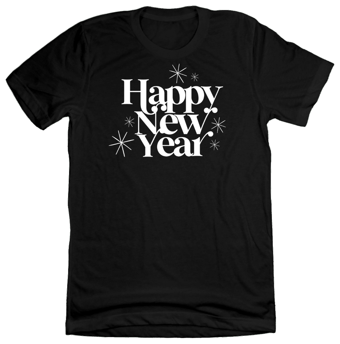 Happy New Year White Text Dressing Festive black T-shirt