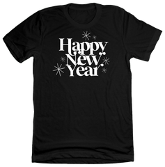 Happy New Year White Text Dressing Festive black T-shirt