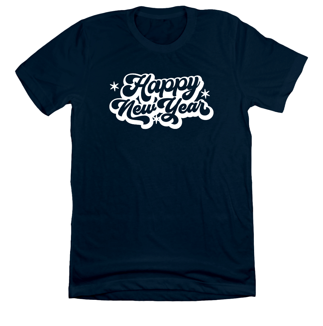 Retro Happy New Year Dressing Festive Navy Blue T-shirt