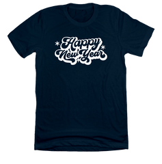 Retro Happy New Year Dressing Festive Navy Blue T-shirt