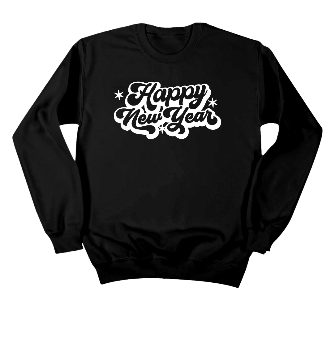 Retro Happy New Year Dressing Festive Black Crewneck