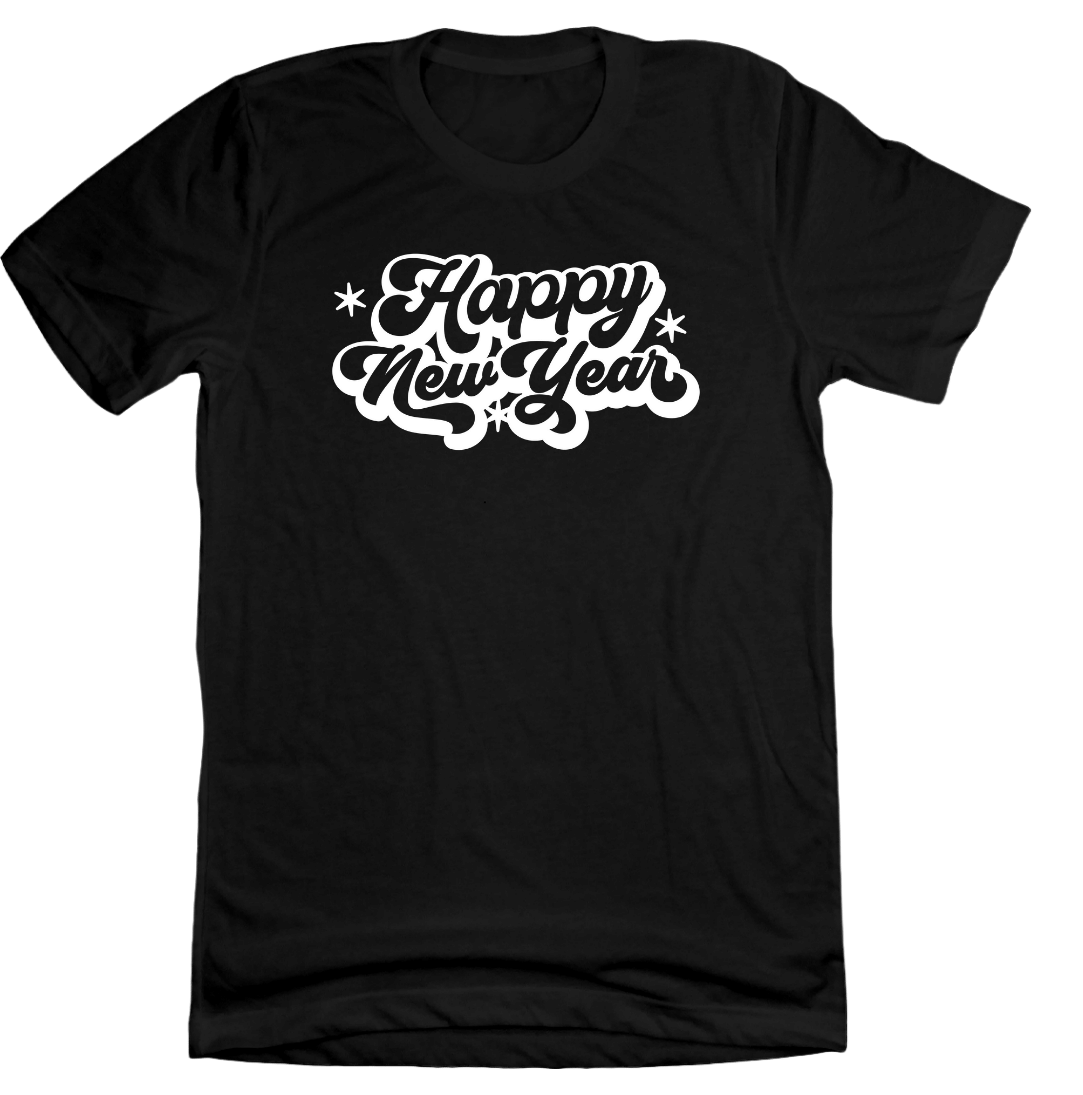 Retro Happy New Year Dressing Festive black T-shirt