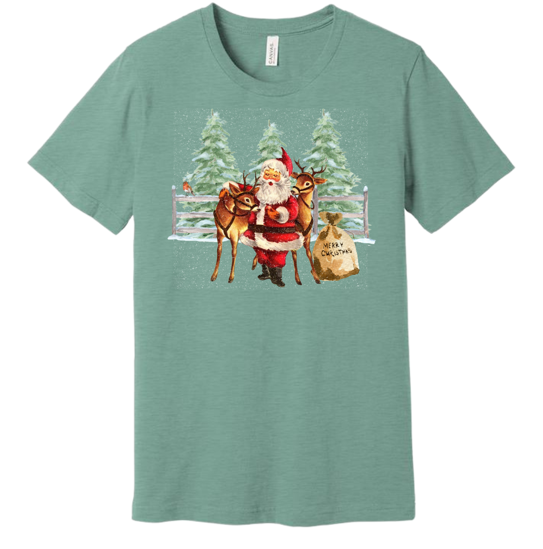 Santa With His Reindeer Dressing Festive dusty blue T-shirt