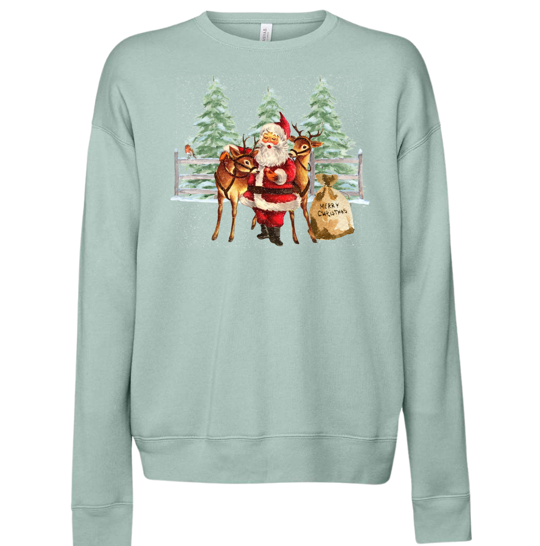 Santa With His Reindeer Dressing Festive Dusty Blue Crewneck