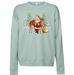 Santa With His Reindeer Dressing Festive Dusty Blue Crewneck