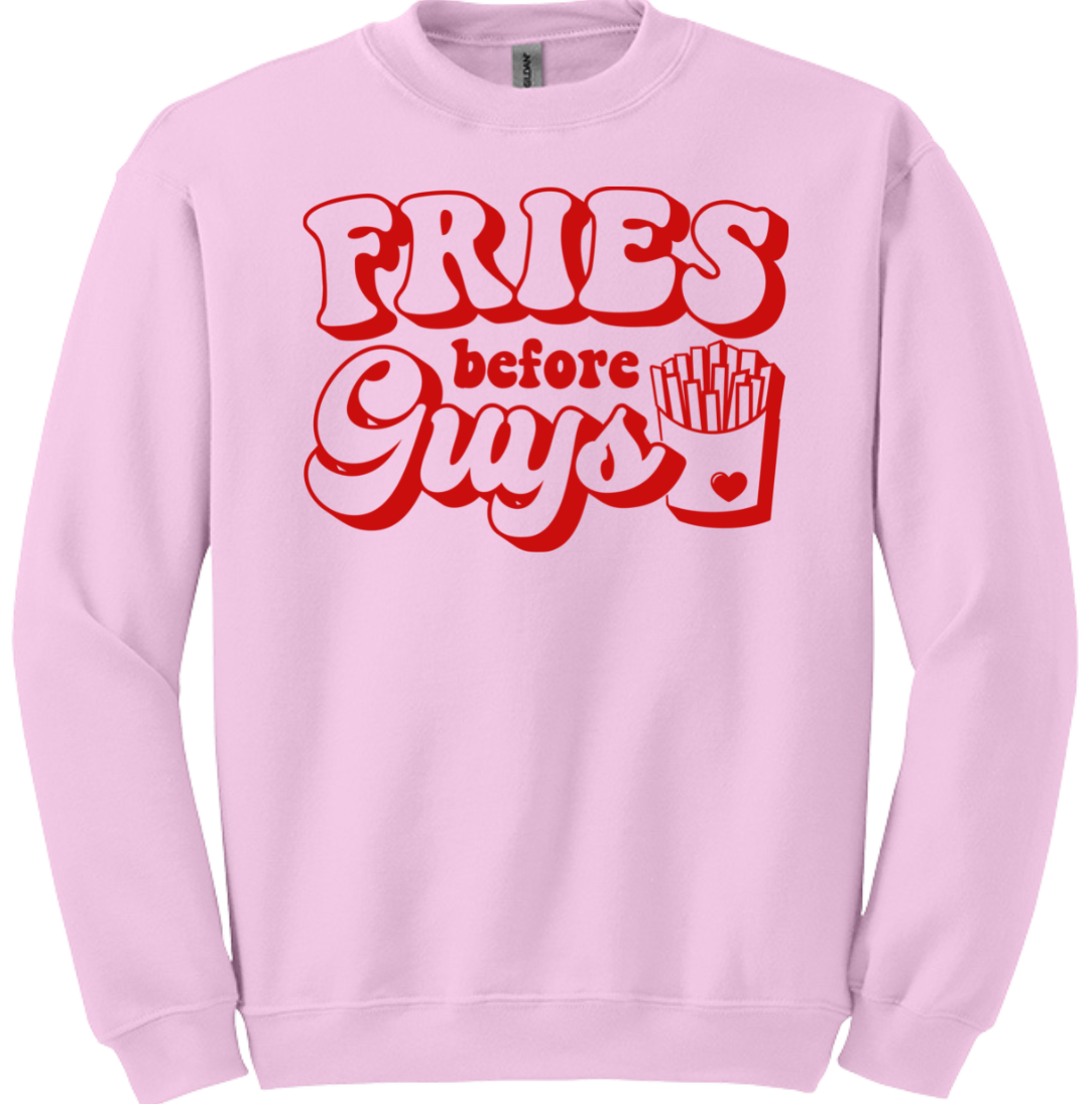 Fries Before Guys Dressing Festive Pink Crewneck