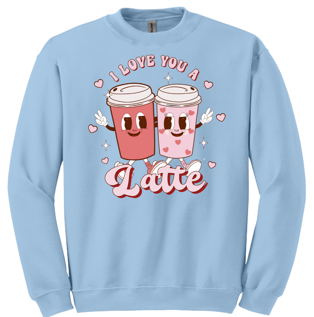 I Love You a Latte Animated Cups Dressing Festive crewneck Light Blue