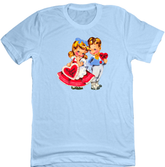 Retro Valentine Boy and Girl Dressing Festive light blue tee