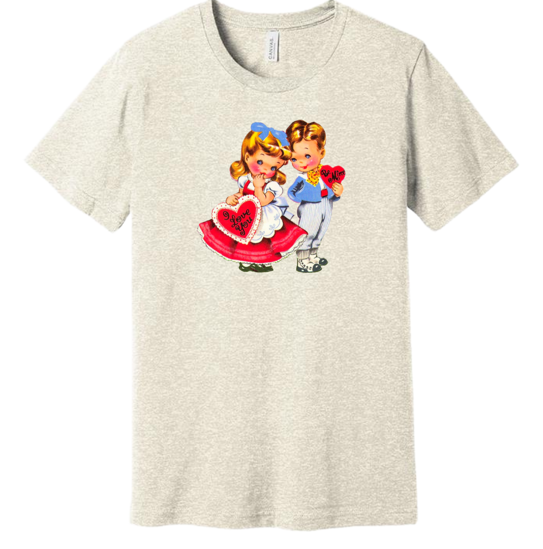 Retro Valentine Boy and Girl Dressing Festive oatmeal tee
