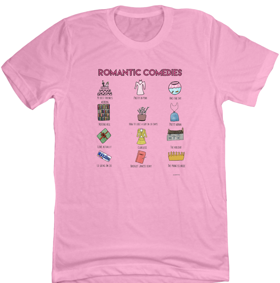 My Favorite Rom Coms Dressing Festive pink tee