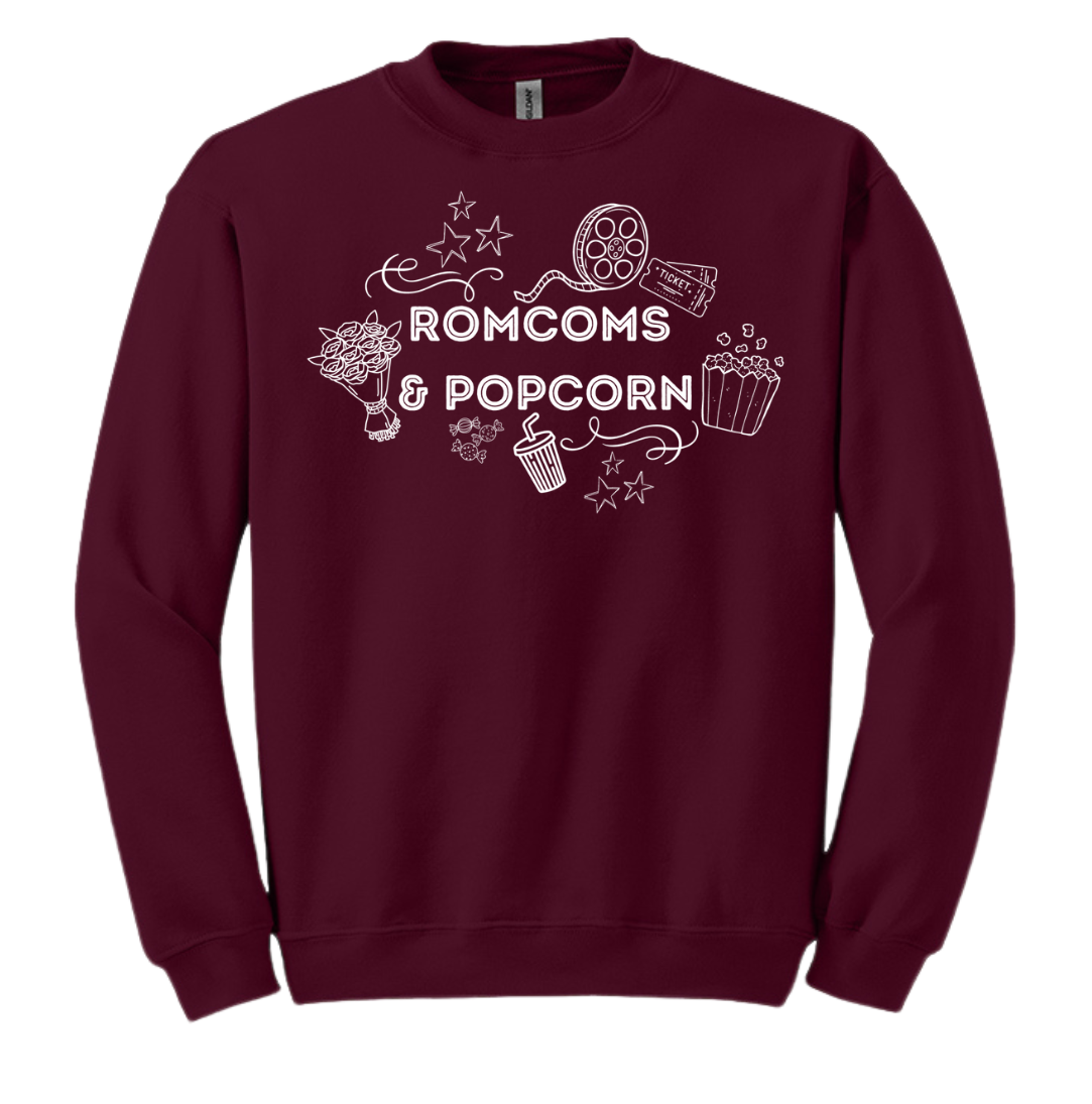 Rom Coms & Popcorn Dressing Festive maroon crew
