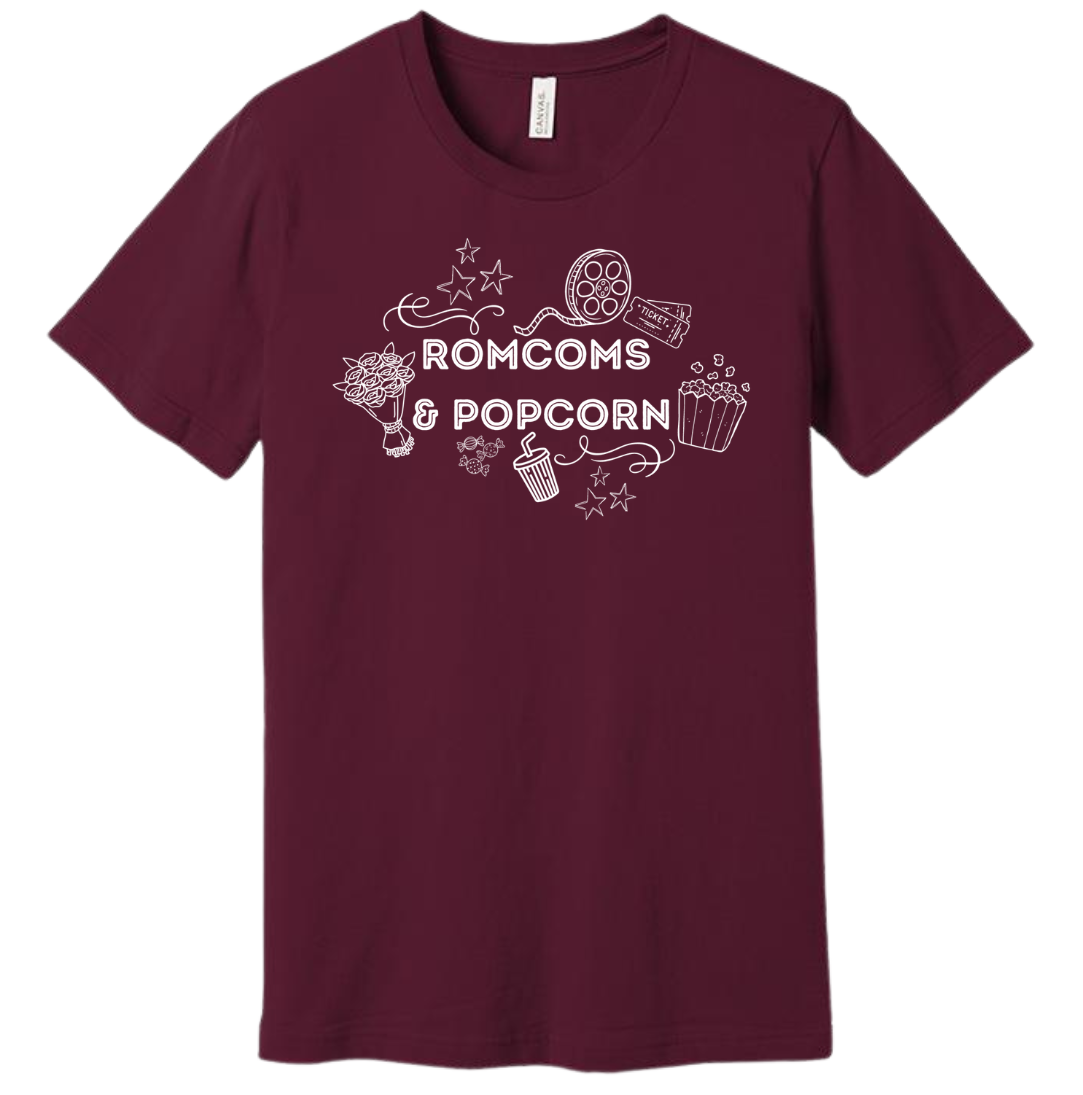 Rom Coms & Popcorn Dressing Festive maroon tee