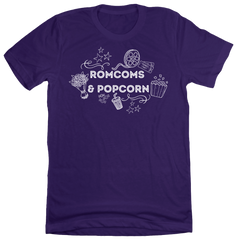 Rom Coms & Popcorn Dressing Festive purple tee