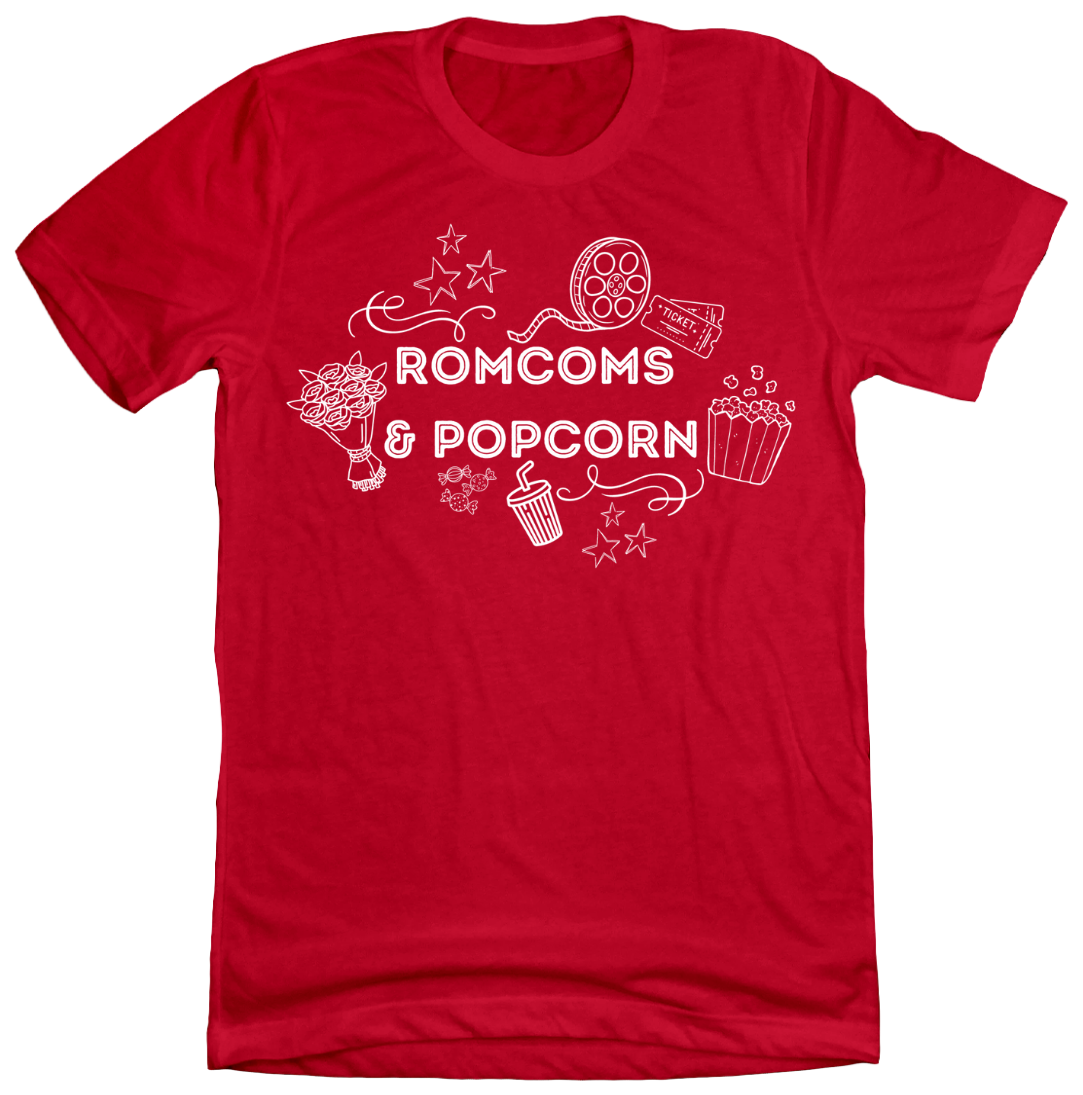 Rom Coms & Popcorn Dressing Festive red tee