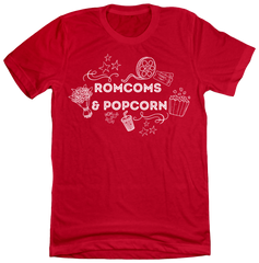 Rom Coms & Popcorn Dressing Festive red tee