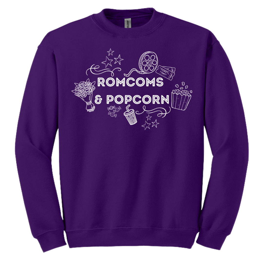 Rom Coms & Popcorn Dressing Festive purple crew