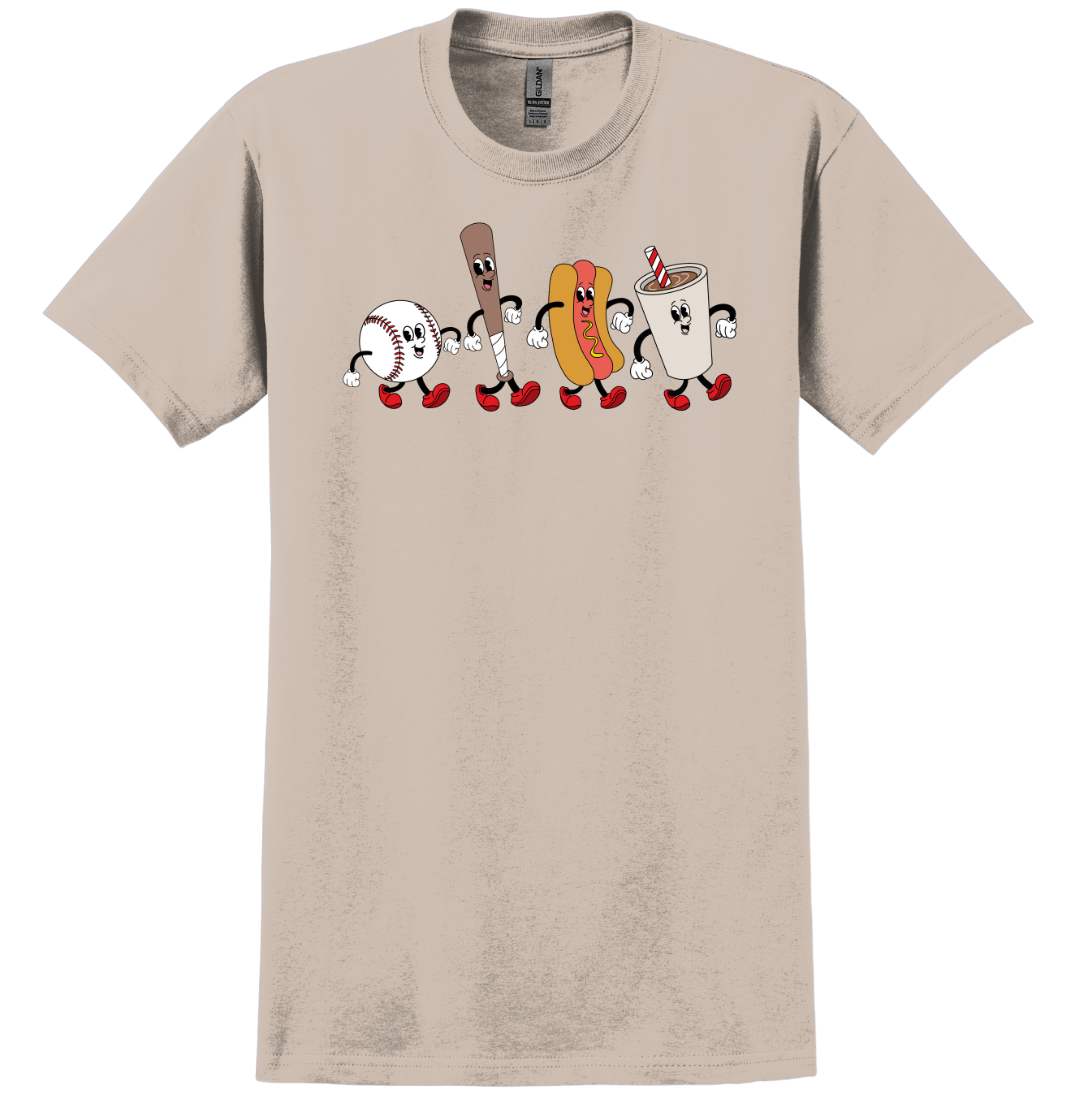 Retro Baseball Snacks Dressing Festive T-shirt sand