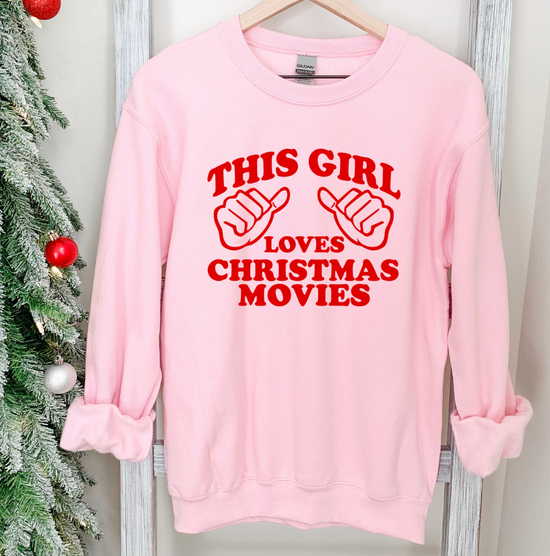 This Girl Loves Christmas Movies Red Version Pink Crew