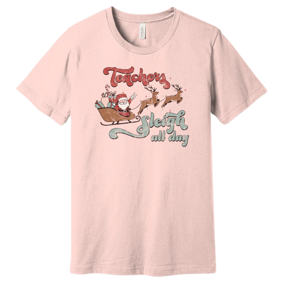 Teachers Sleigh All Day Dressing Festive Pink T-shirt