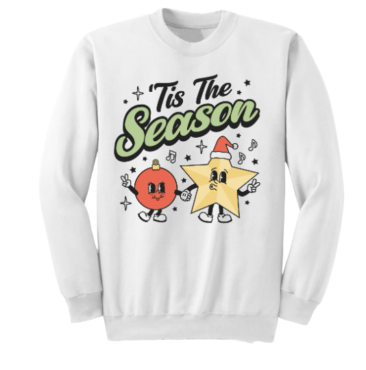 Tis the Season Star and Ornaments Dressing Festive white crewneck