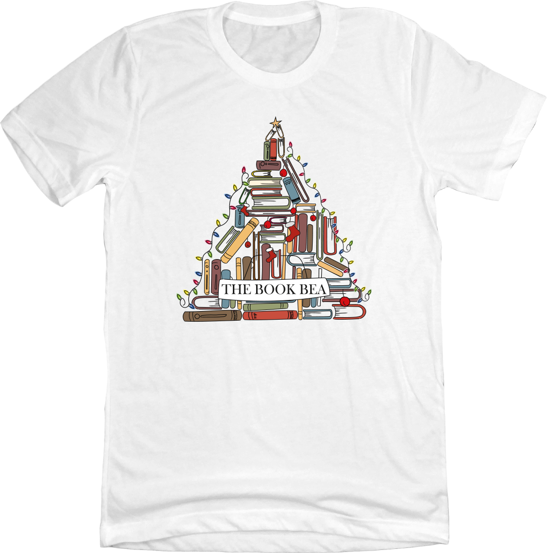 The Book Bea Christmas Tree dressing festive white T-shirt