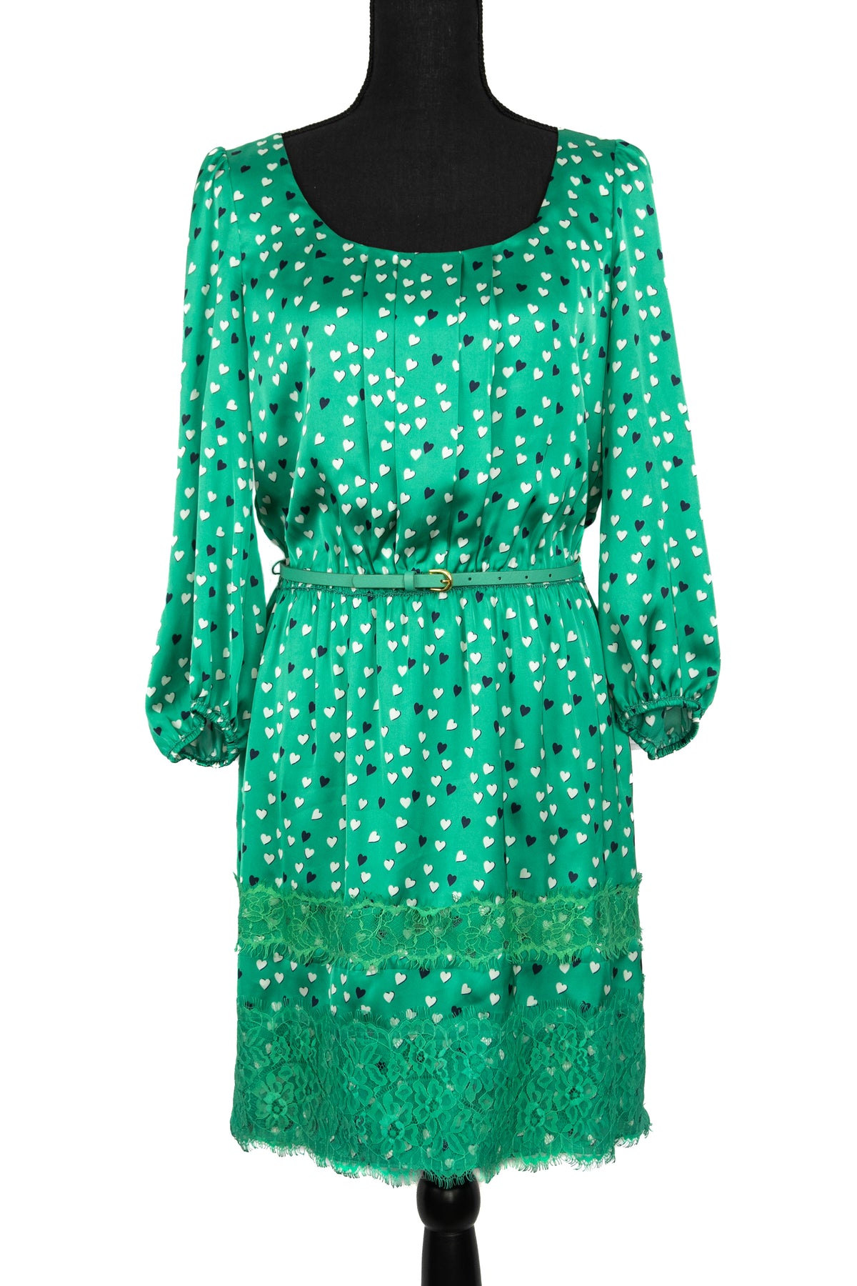 NWT Belted Heart Print Lace Hem Long Sleeve Green Dress - Size Small
