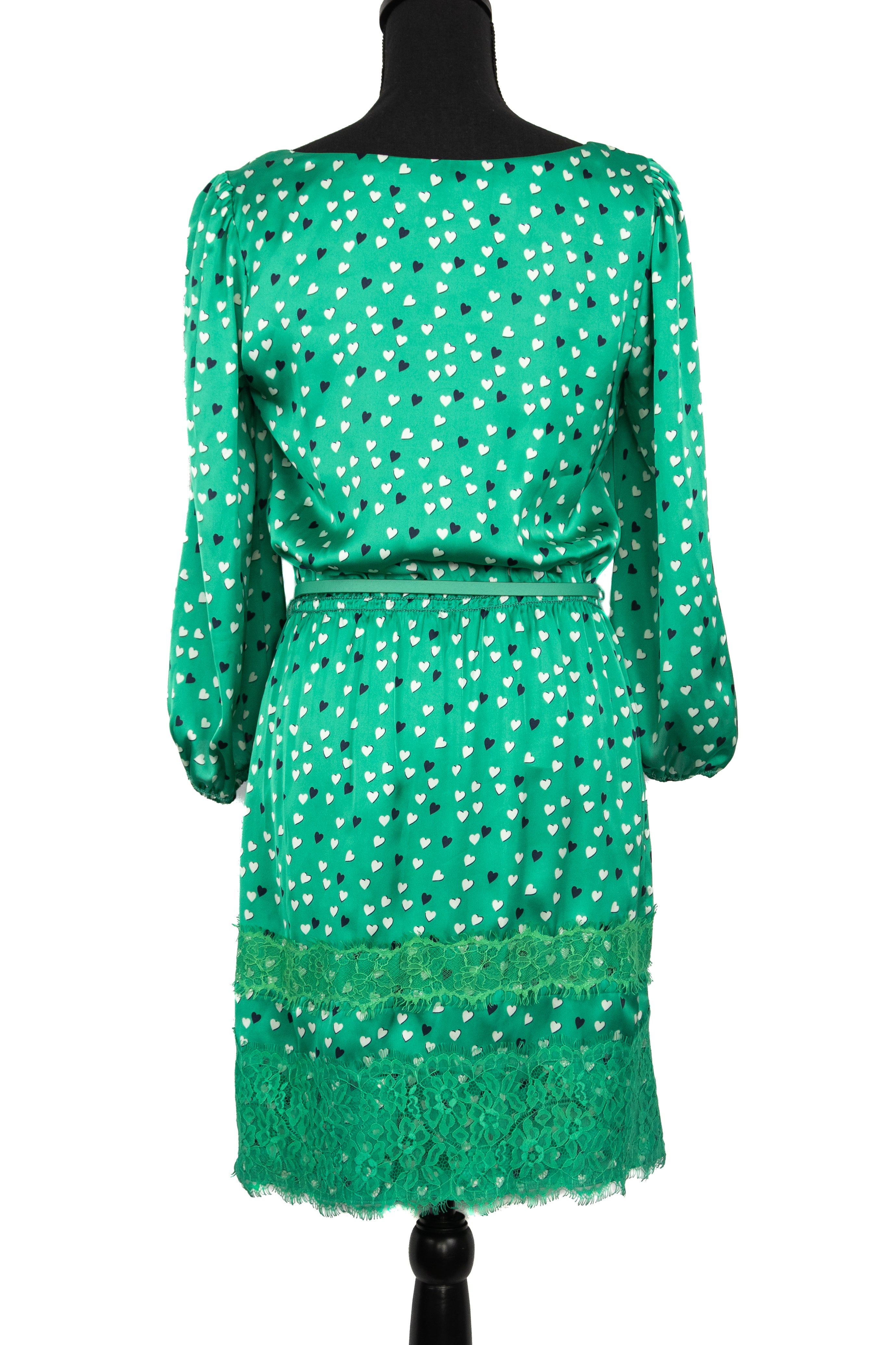 NWT Belted Heart Print Lace Hem Long Sleeve Green Dress - Size Small