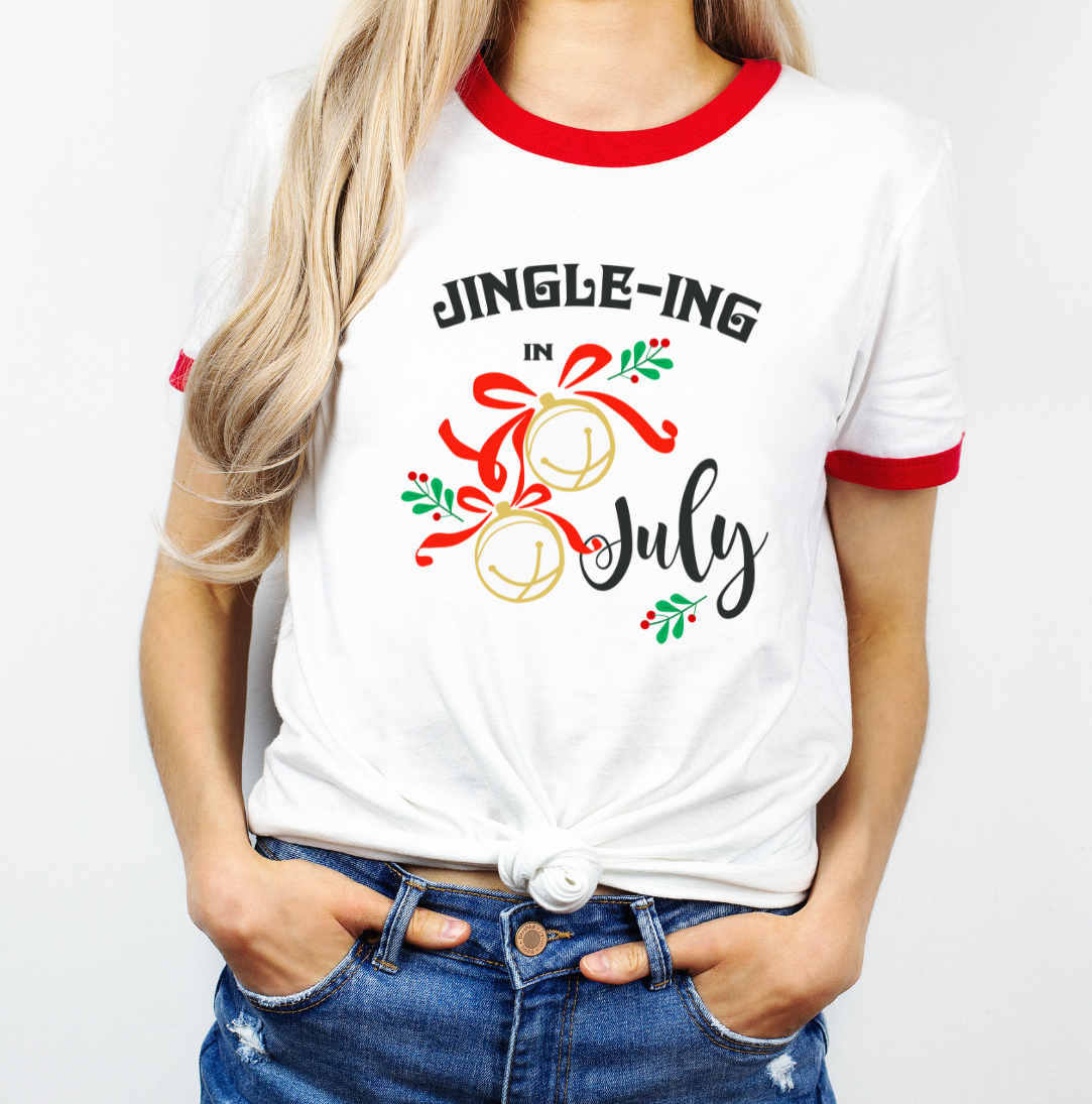 Jingle in July Dressing Festive ringer T-shirt