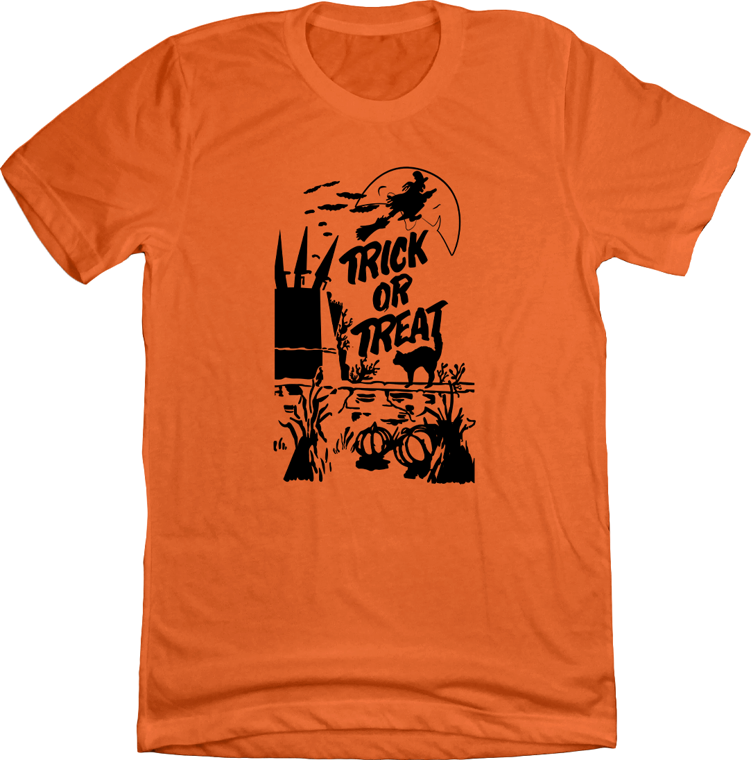 Vintage Trick or Treat Bag Flying Witch All Black Dressing Festive orange T-shirt