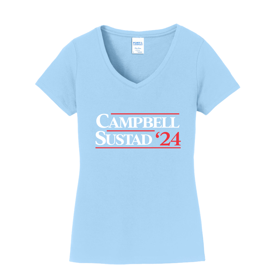Campbell Sustad Hallmark Political Campaign Dressing Festive light blue V-neck