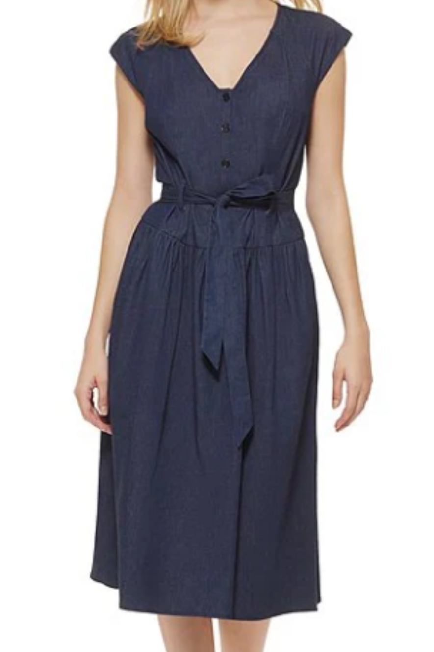 NWT Denim Tie Waist V-Neck Cap Sleeve Midi Dress As Seen on Hallmark - Size 8