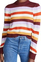 Striped Puff Sleeve Colorful Mock Neck Sweater As Seen on Hallmark - Size Medium