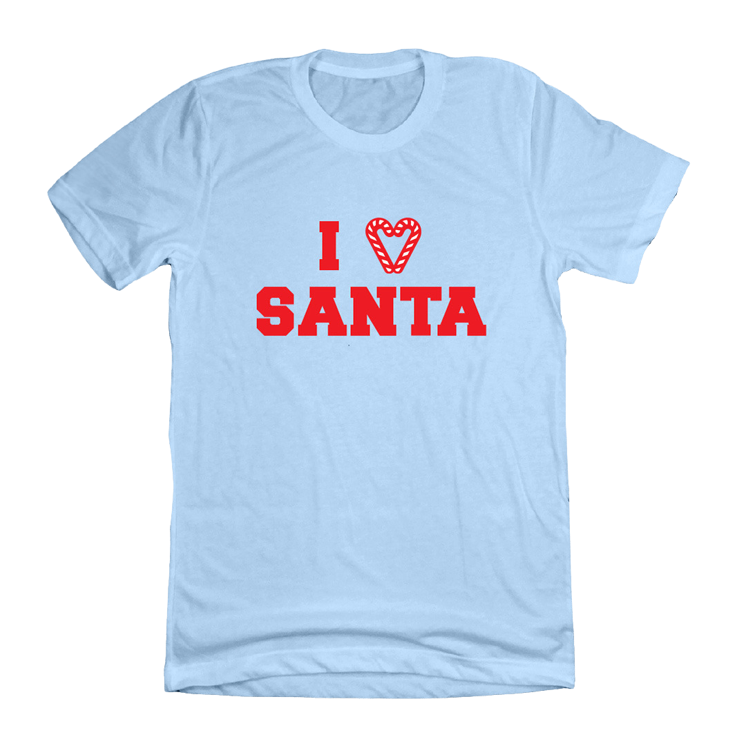 I Love Santa Candy Cane Heart Red Ink Dressing Festive Light Blue t-shirt