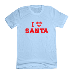 I Love Santa Candy Cane Heart Red Ink Dressing Festive Light Blue t-shirt
