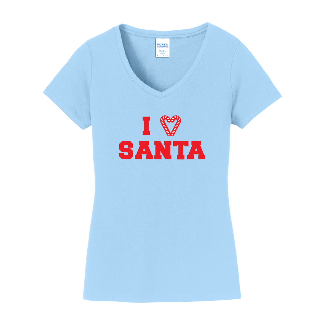 I Love Santa Candy Cane Heart Red Ink Dressing Festive light blue V-neck