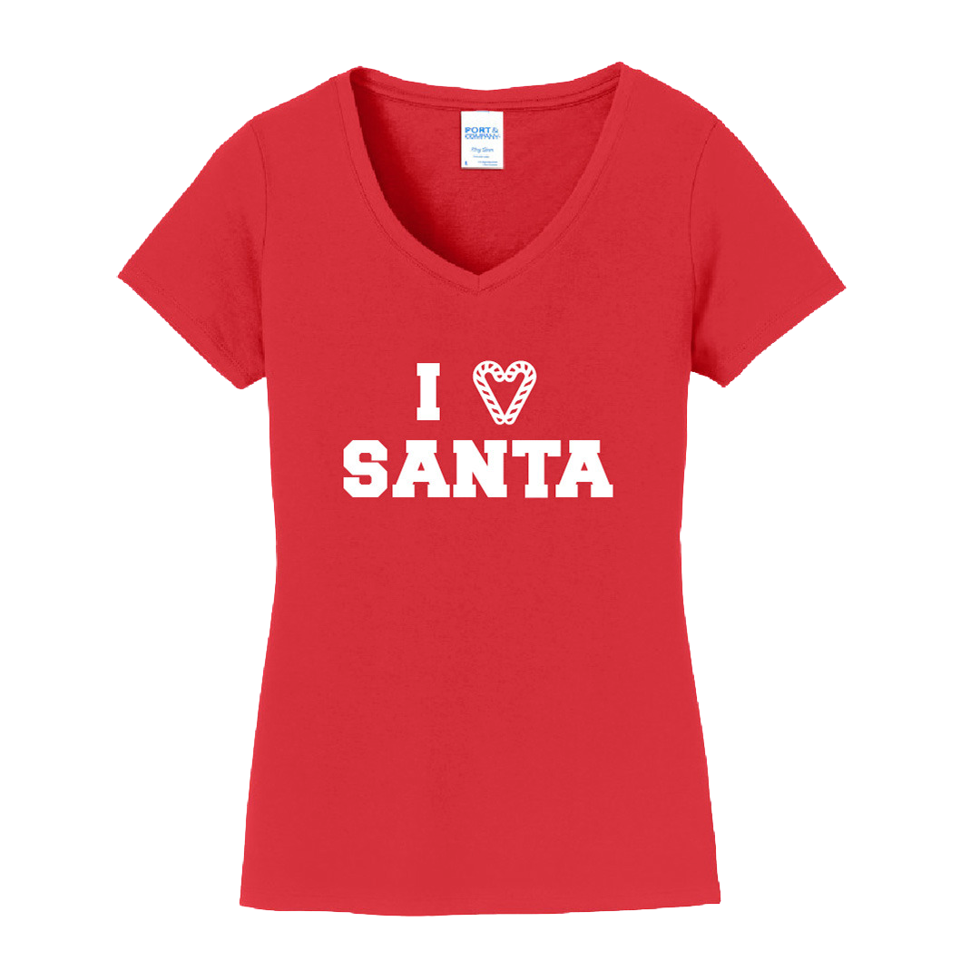 I Love Santa Candy Cane Heart White Ink Dressing Festive V-neck red