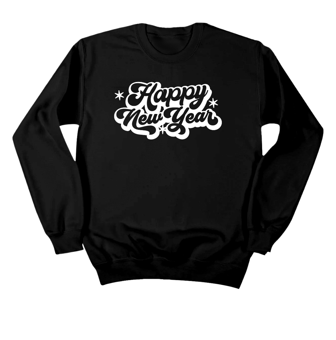 Retro Happy New Year Dressing Festive  Black Crewneck