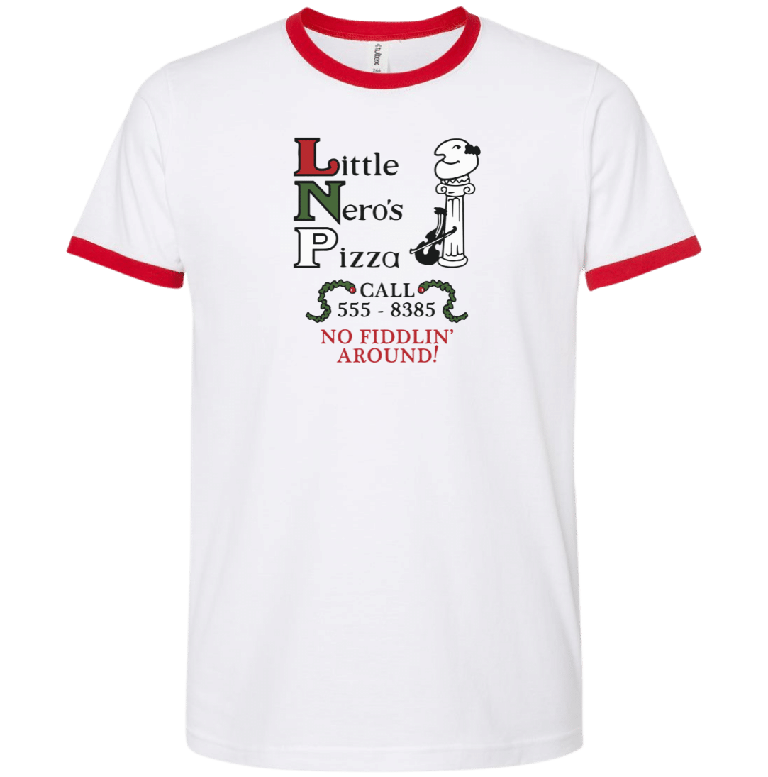 Little Nero's Pizza white ringer T-shirt dressing festive